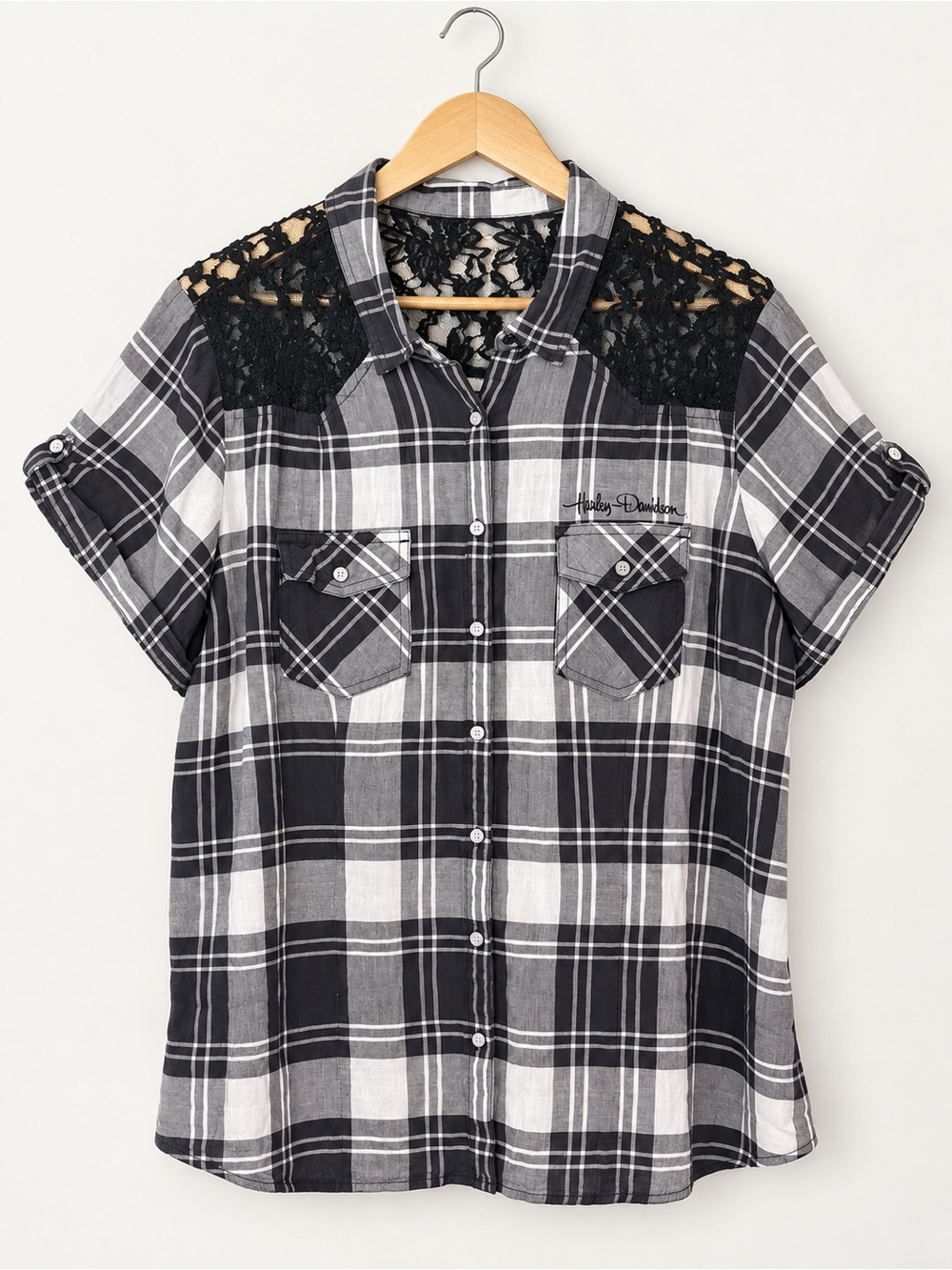 Harley Davidson Women’s Downswept Wing Plaid Snap Shirt Black Lace Yoke Biker 3W